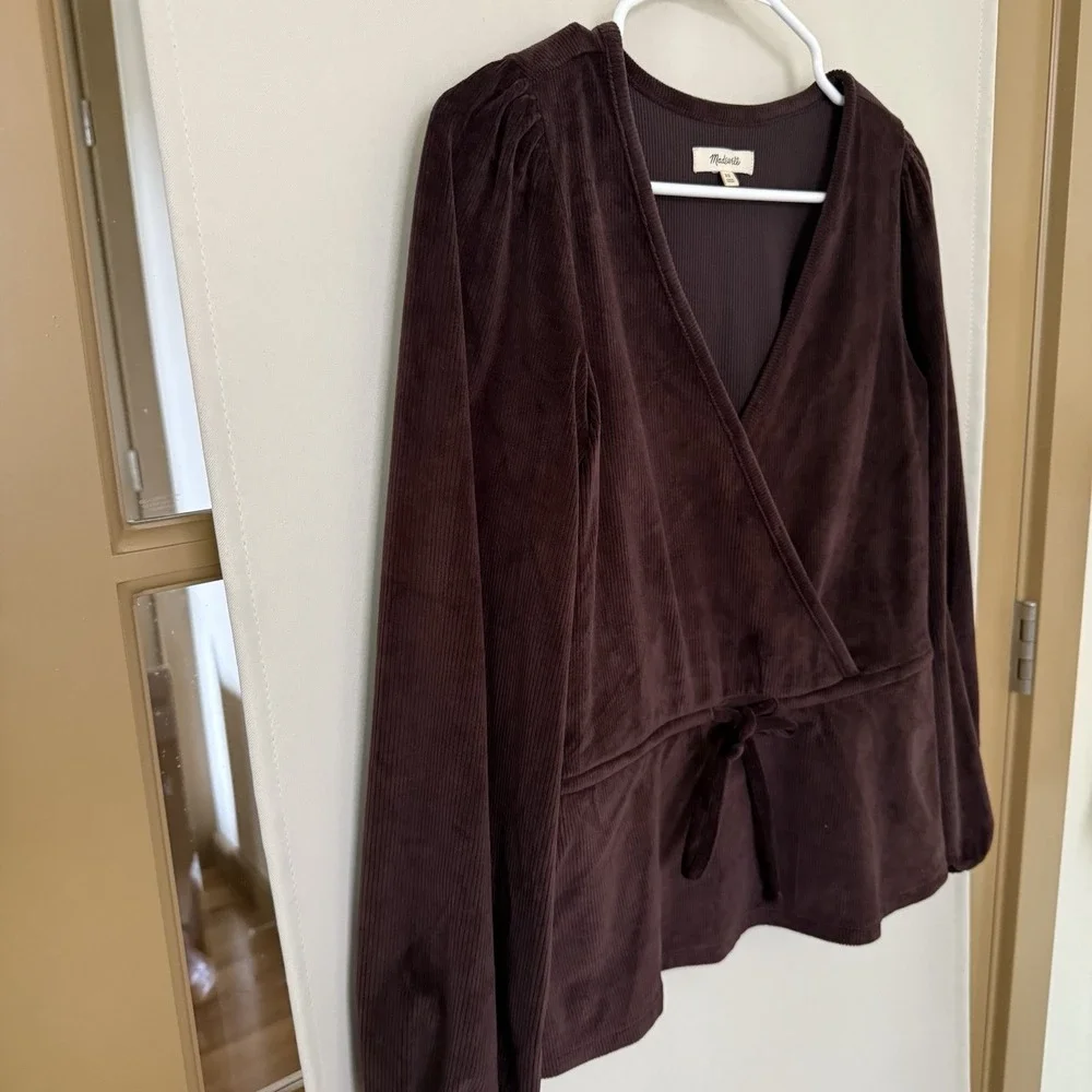 Madewell Womens XS Brown Spiced Raisin Corduroy Tie-Front Faux-Wrap Top‎ Blouse